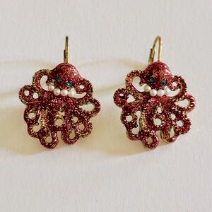 Fun Octopus pink enamel earrings with faux pearl necklace green gem eyes.